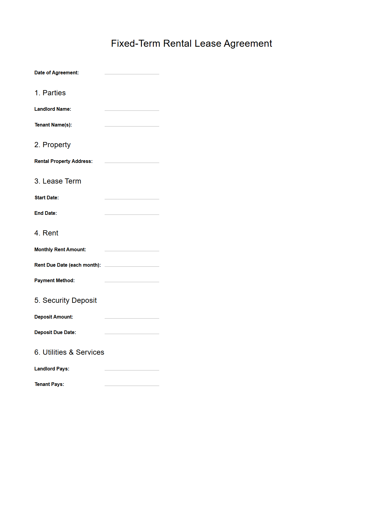 Blank Fixed-Term Rental Lease Agreement Template