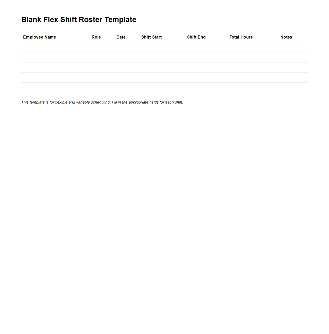 Blank Flex Shift Roster Template for Variable Scheduling