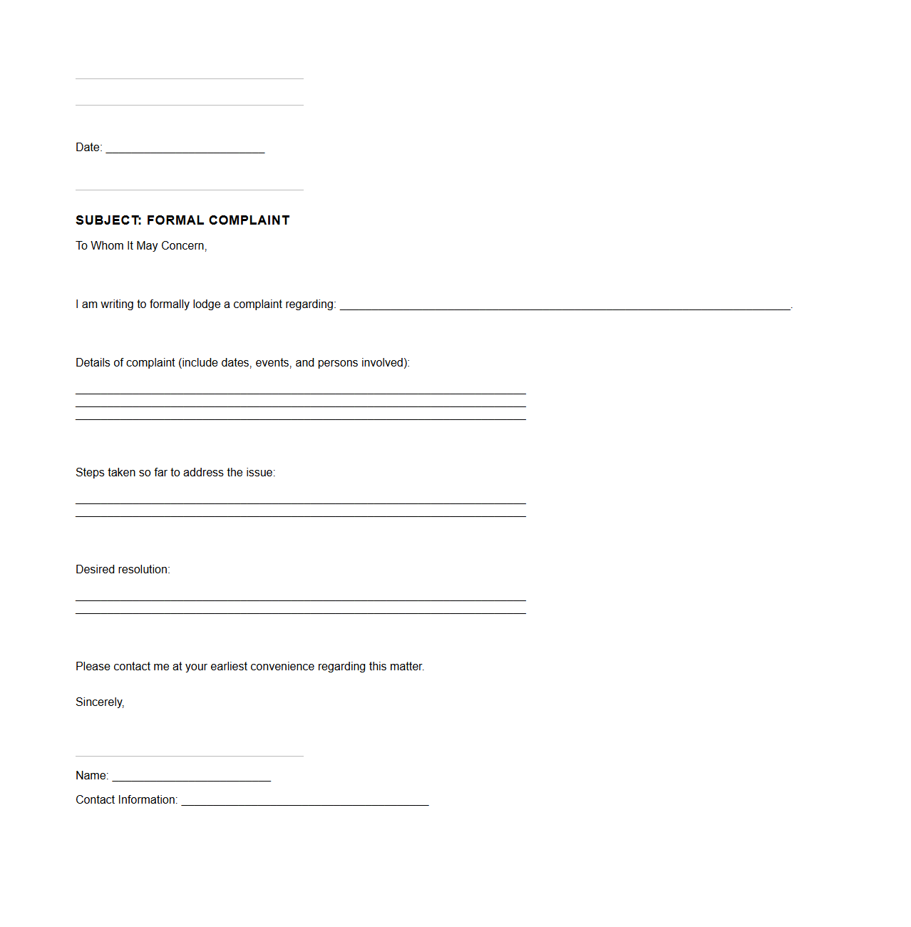 Blank Formal Complaint Letter Template