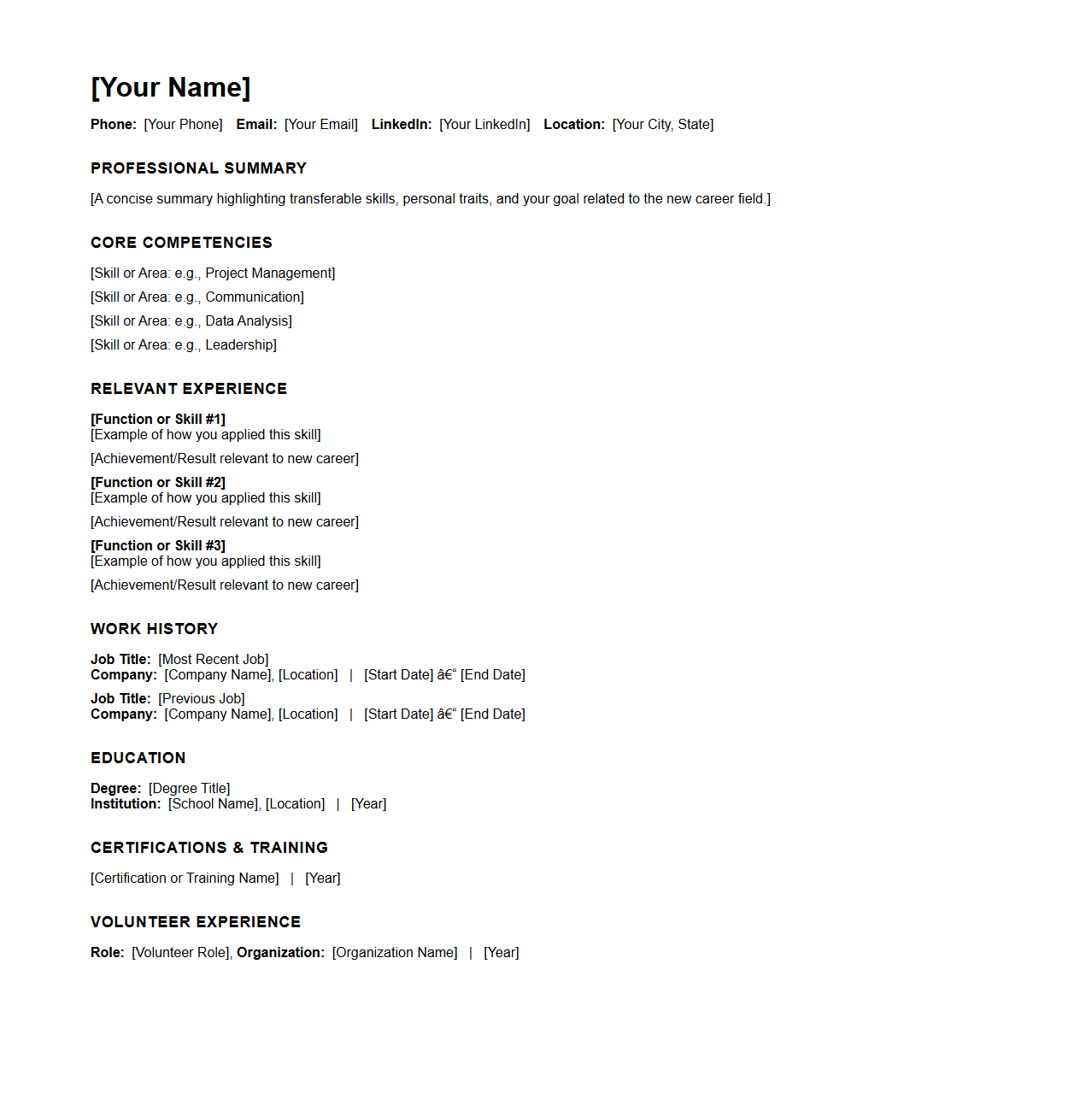 Blank Functional Resume Template for Career Changes