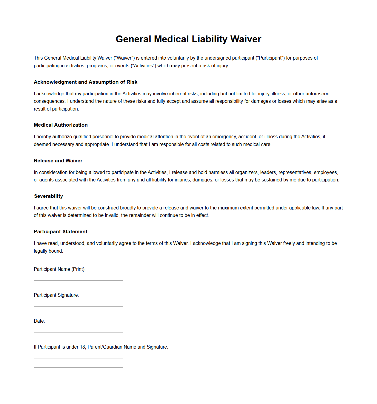 Blank General Medical Liability Waiver Document