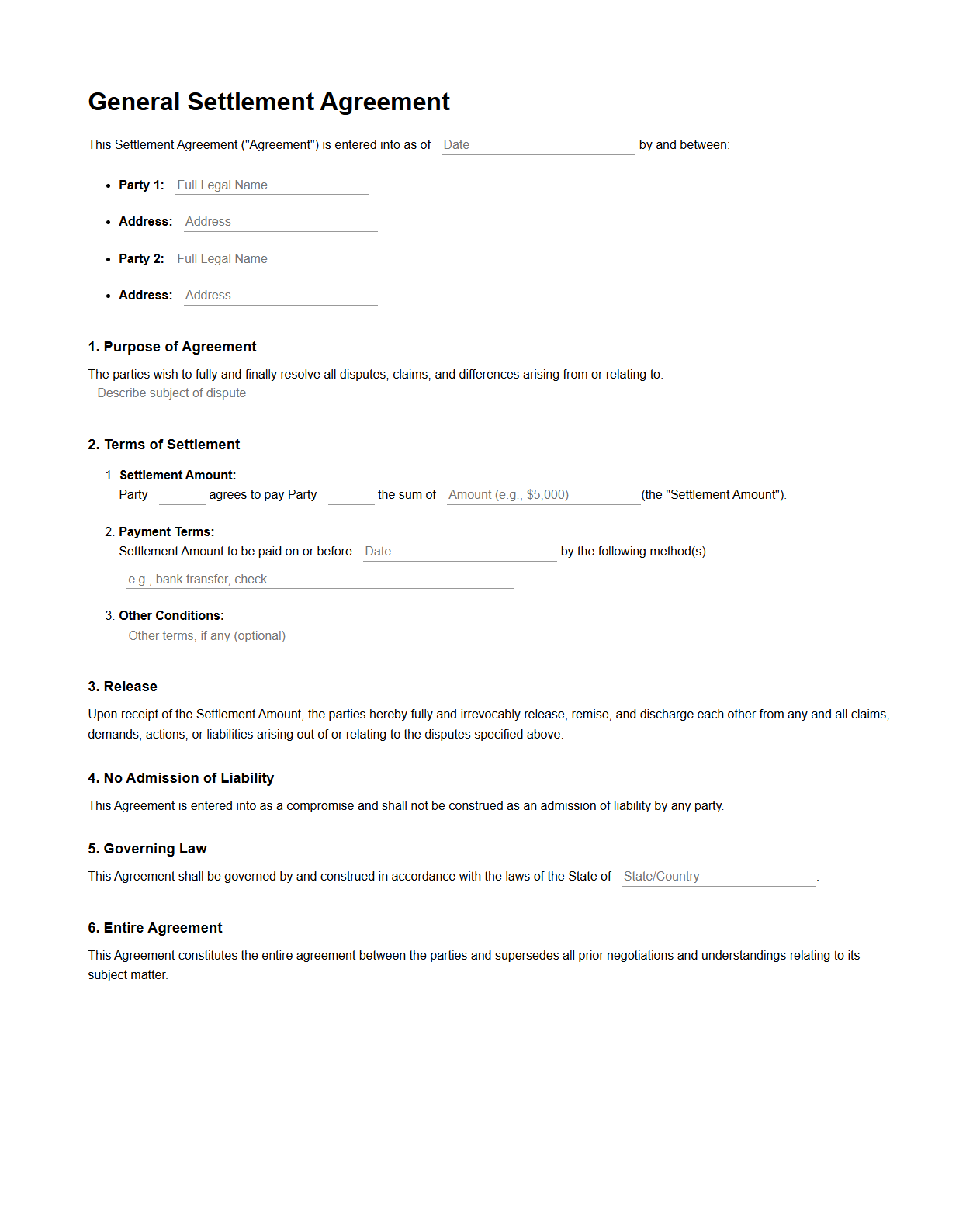Blank General Settlement Agreement Form for Legal Disputes