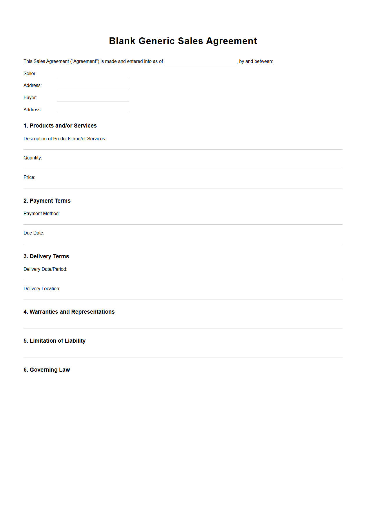 Blank Generic Sales Agreement for Product and Service Sales