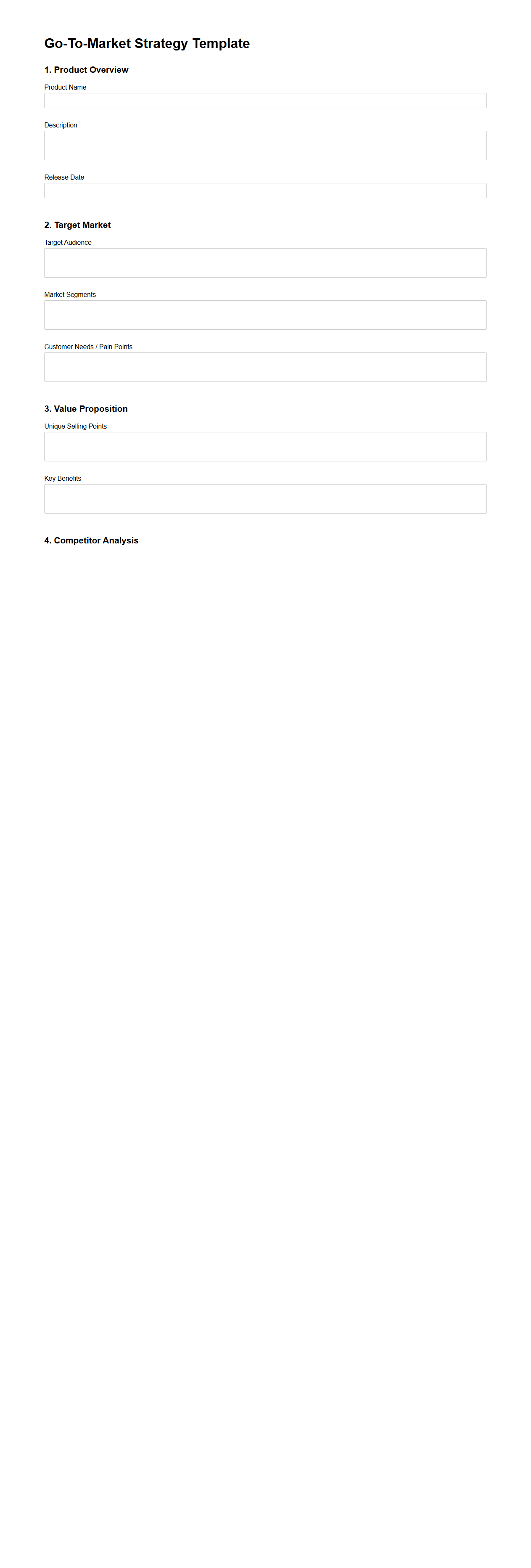 Blank Go-To-Market Strategy Template for Product Release