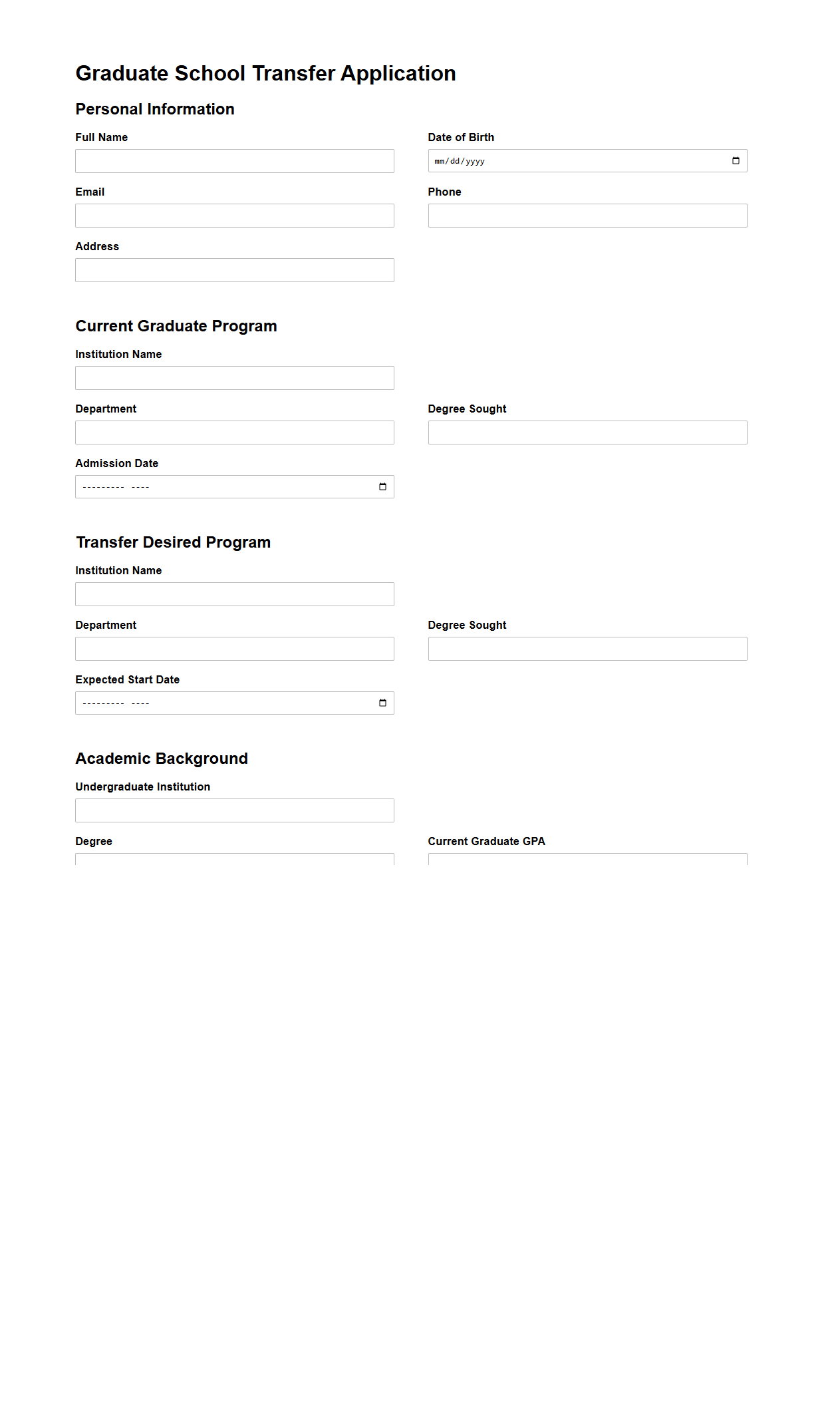 Blank Graduate School Transfer Application Template