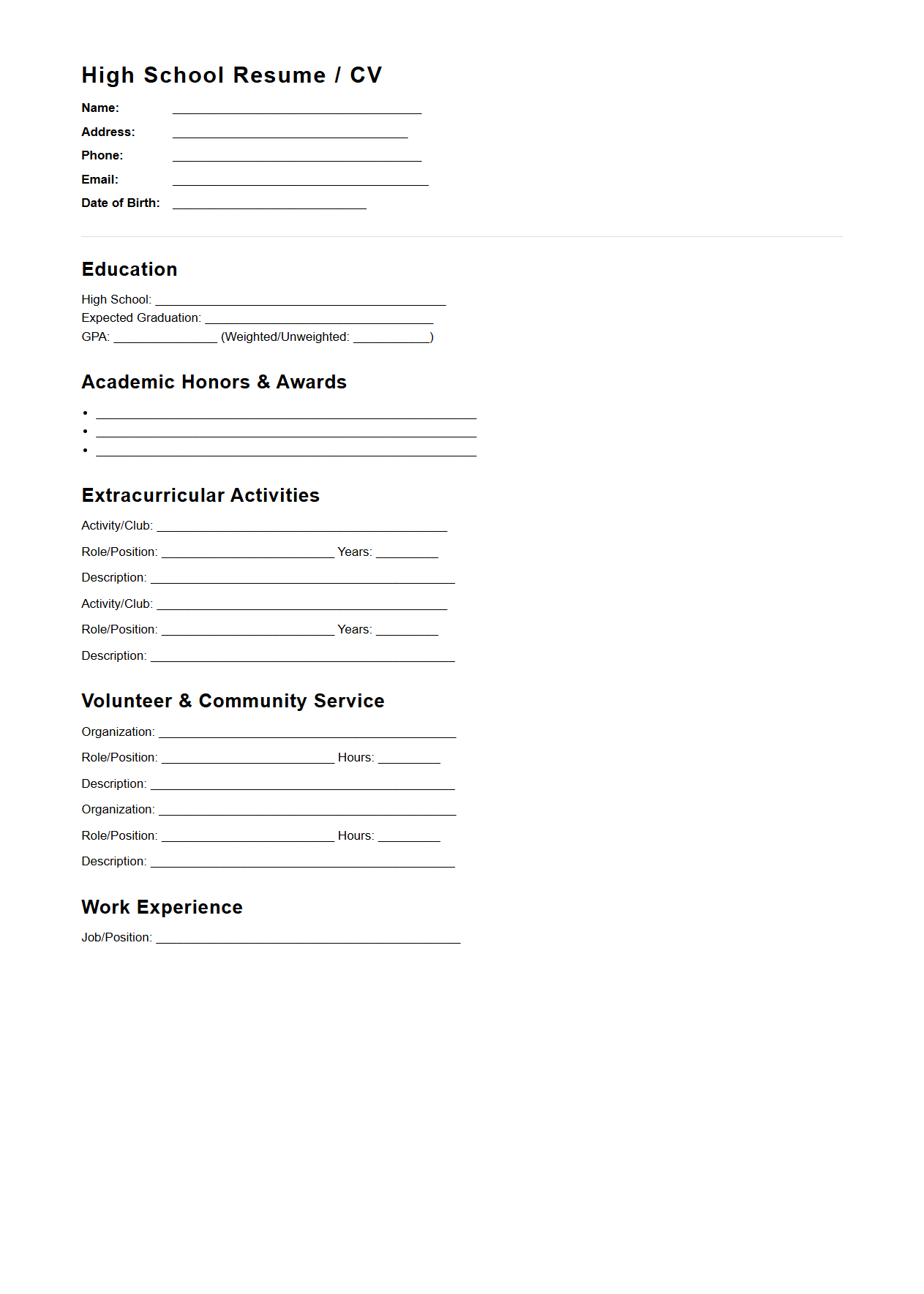 Blank High School CV Template for College Submissions