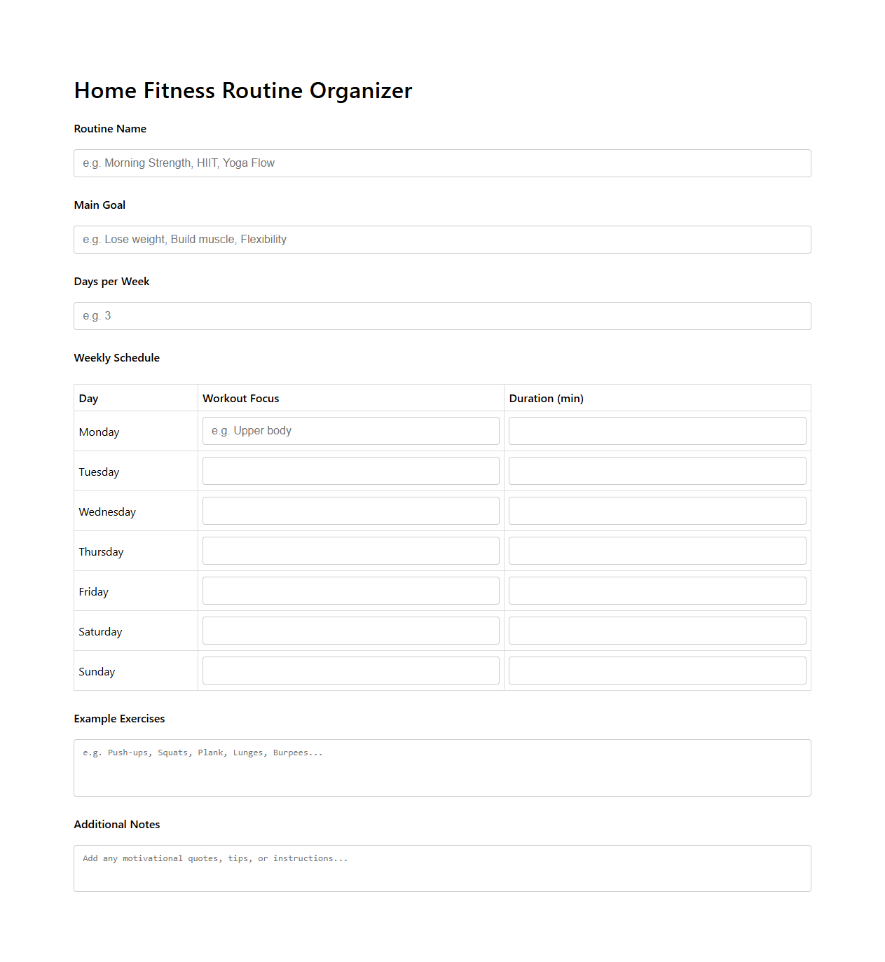 Blank Home Fitness Routine Organizer