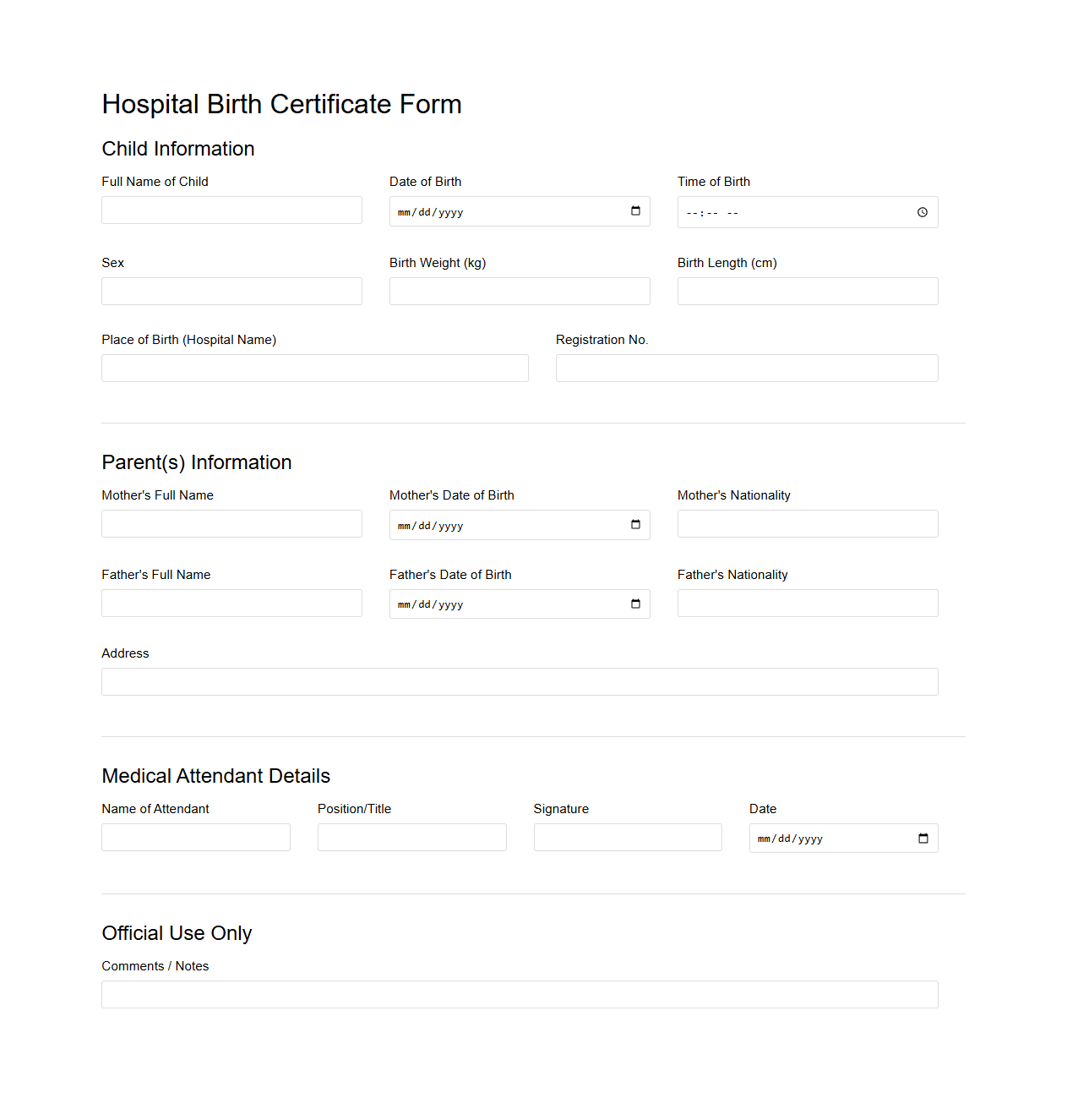 Blank Hospital Birth Certificate Form for Medical Records