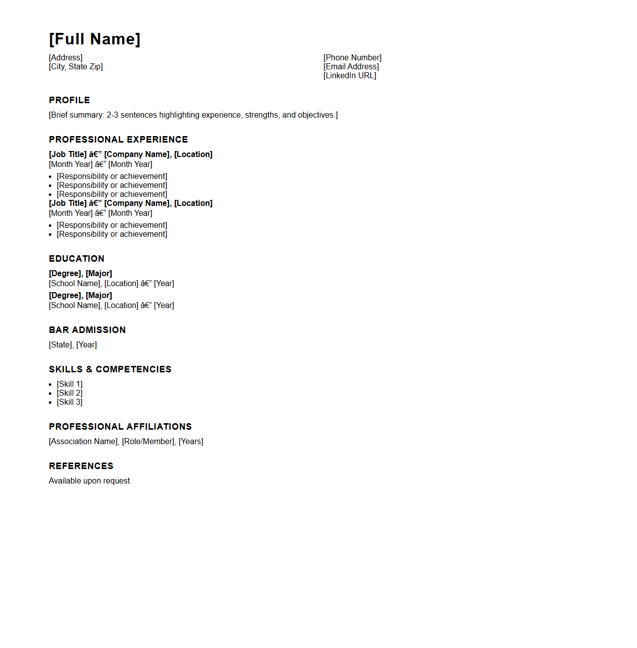 Blank In-House Counsel Resume Outline