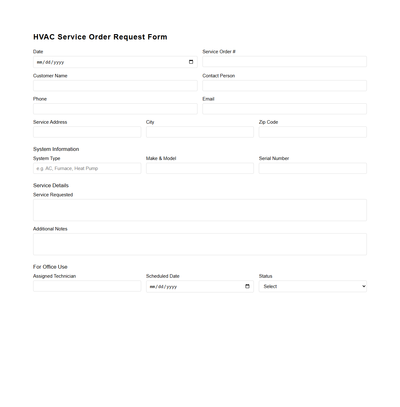 Blank HVAC Service Order Request Form