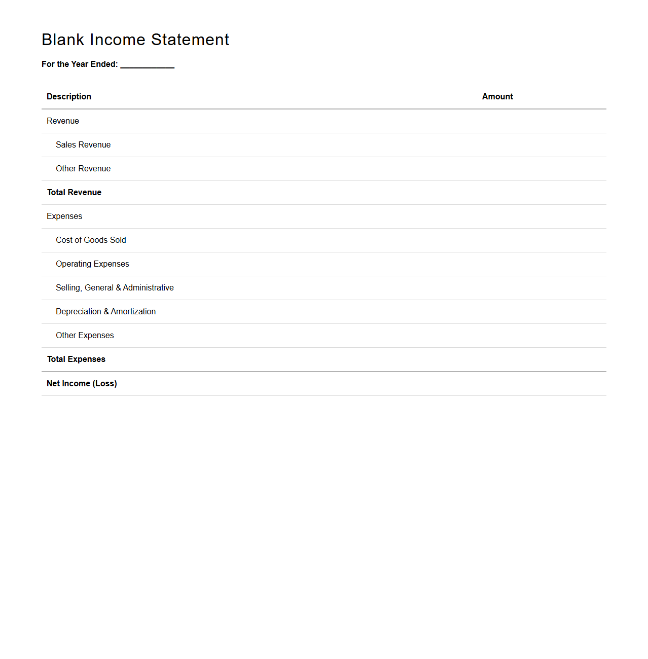 Blank Income Statement for Yearly Revenue