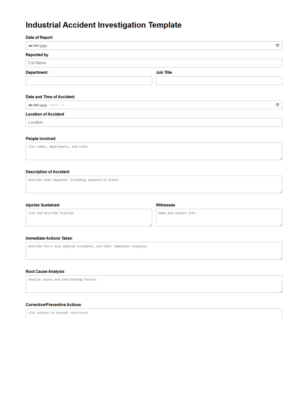 Blank Industrial Accident Investigation Template