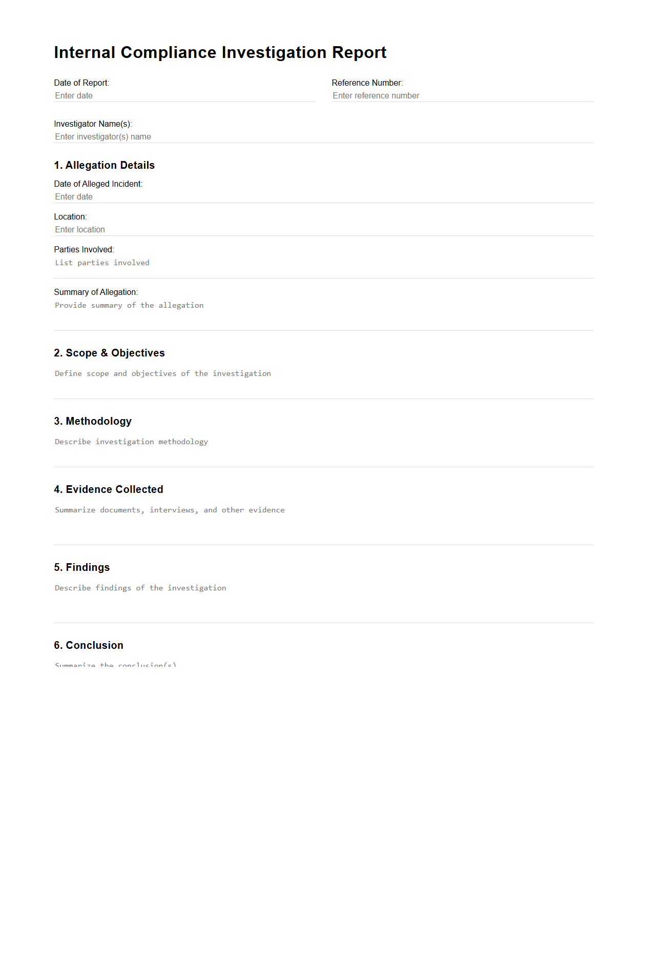 Blank Internal Compliance Investigation Report Template