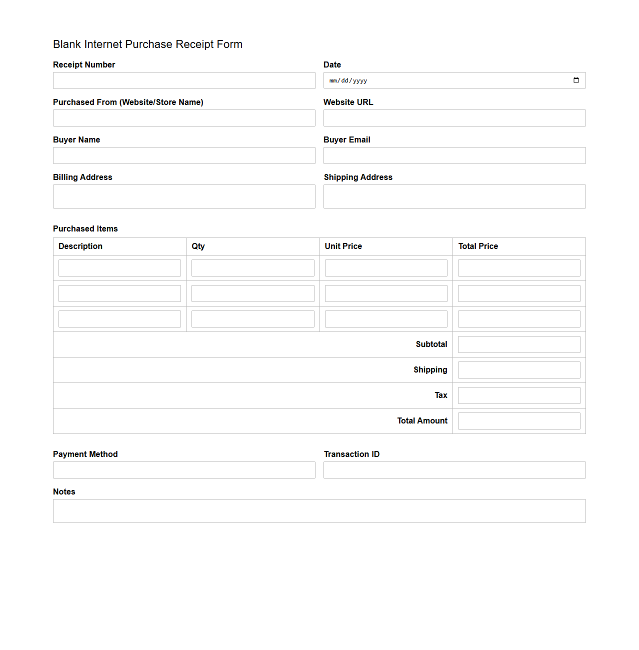 Blank Internet Purchase Receipt Form
