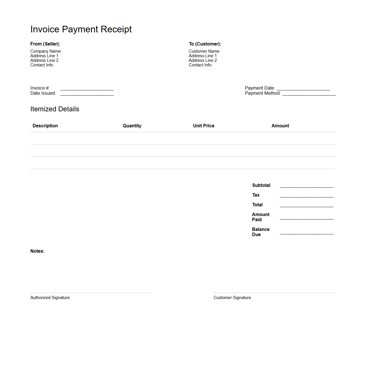 Blank Invoice Payment Receipt Template