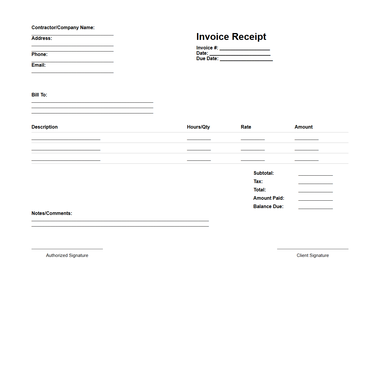 Blank Invoice Receipt Template for Contractors