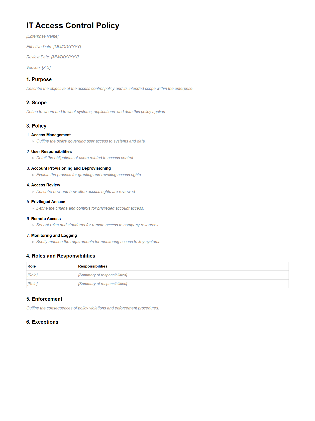 Blank IT Access Control Policy Template for Enterprises