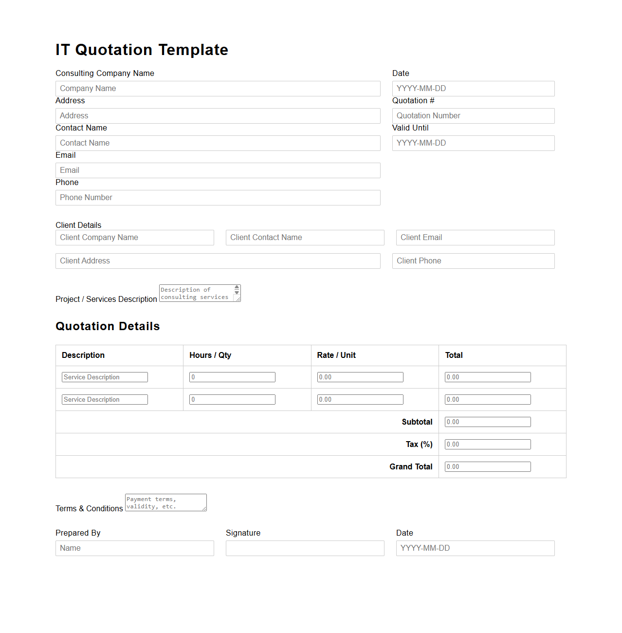 Blank IT Quotation Template for IT Consulting Services