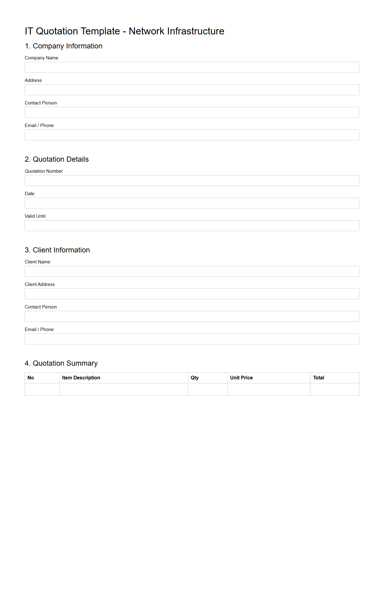Blank IT Quotation Template for Network Infrastructure