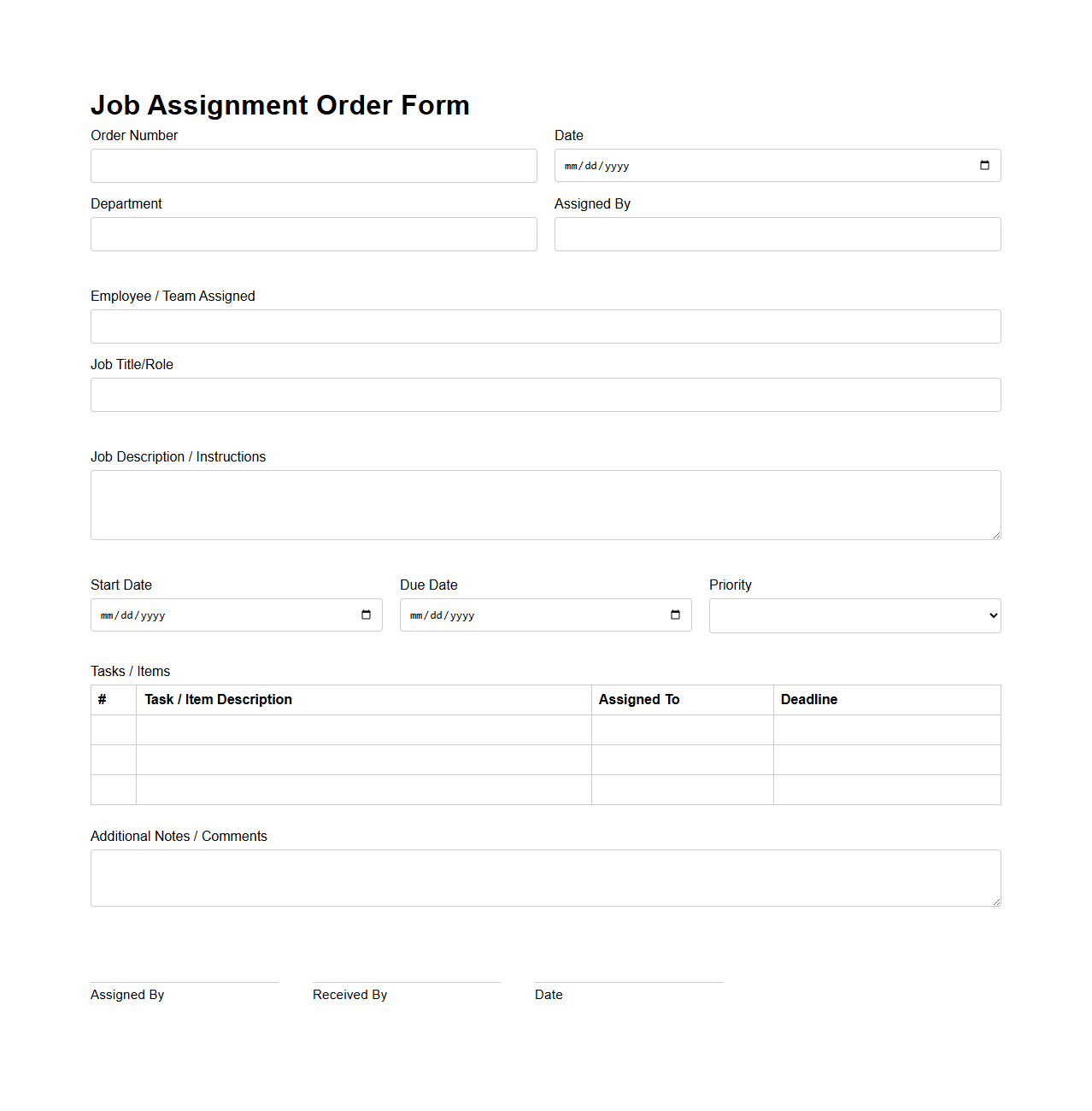 Blank Job Assignment Order Form Template