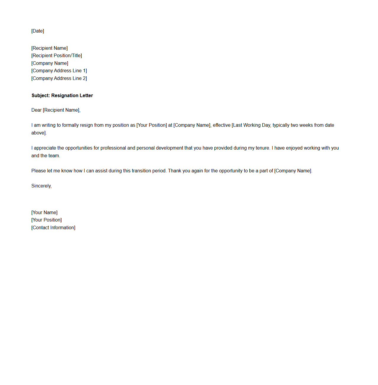 Blank Job Resignation Letter Framework