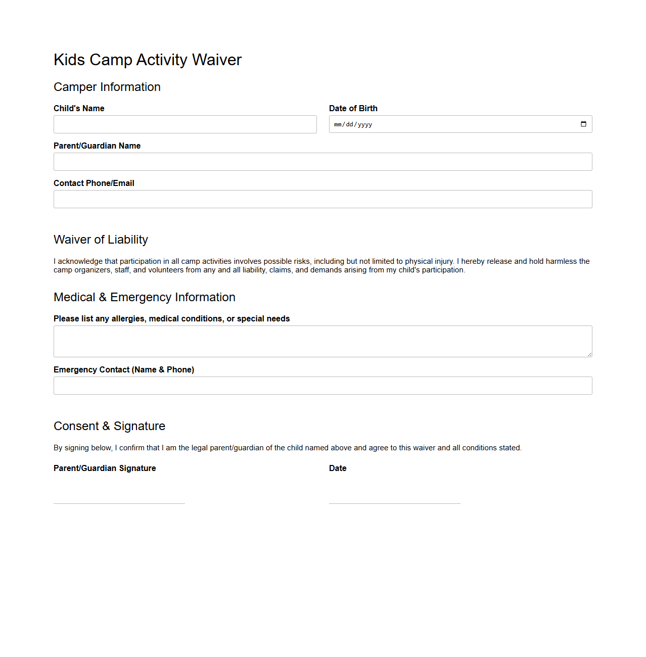 Blank Kids Camp Activity Waiver Template