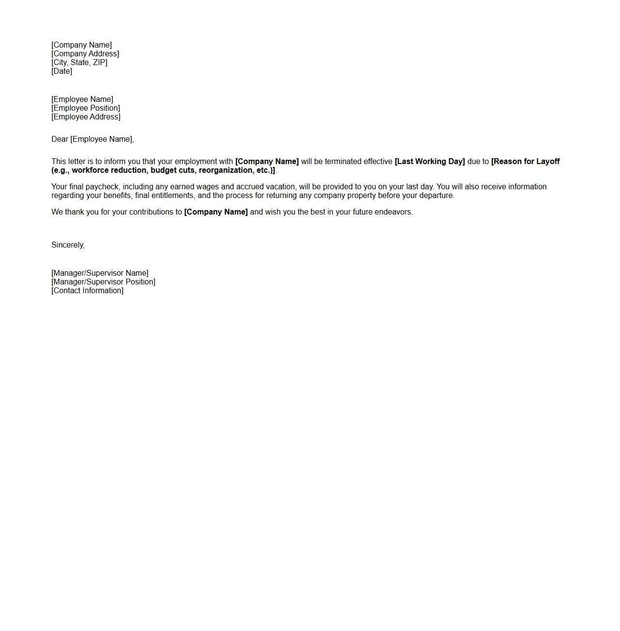 Blank Layoff Notice Letter Template