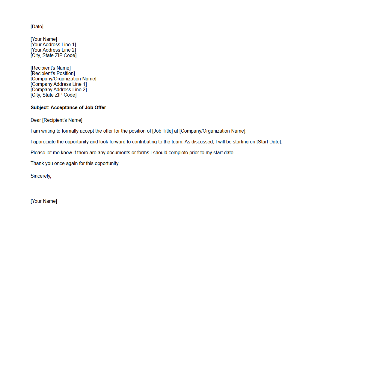 Blank Letter Template for Job Offer Acceptance