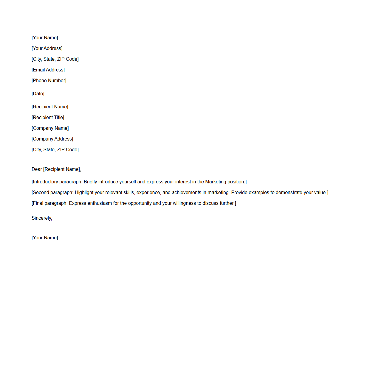 Blank Letter Template for Marketing Cover Letter