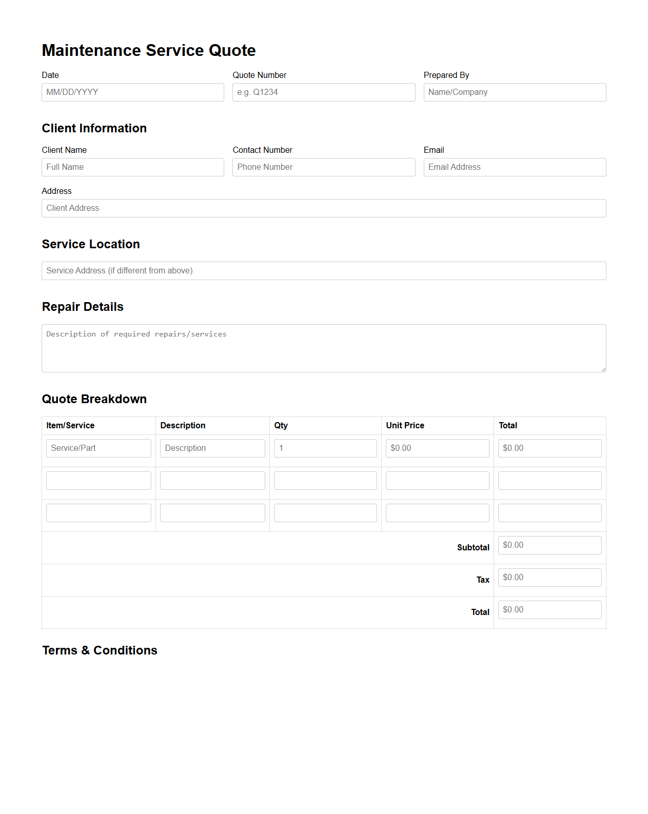Blank Maintenance Service Quote Template for Repairs