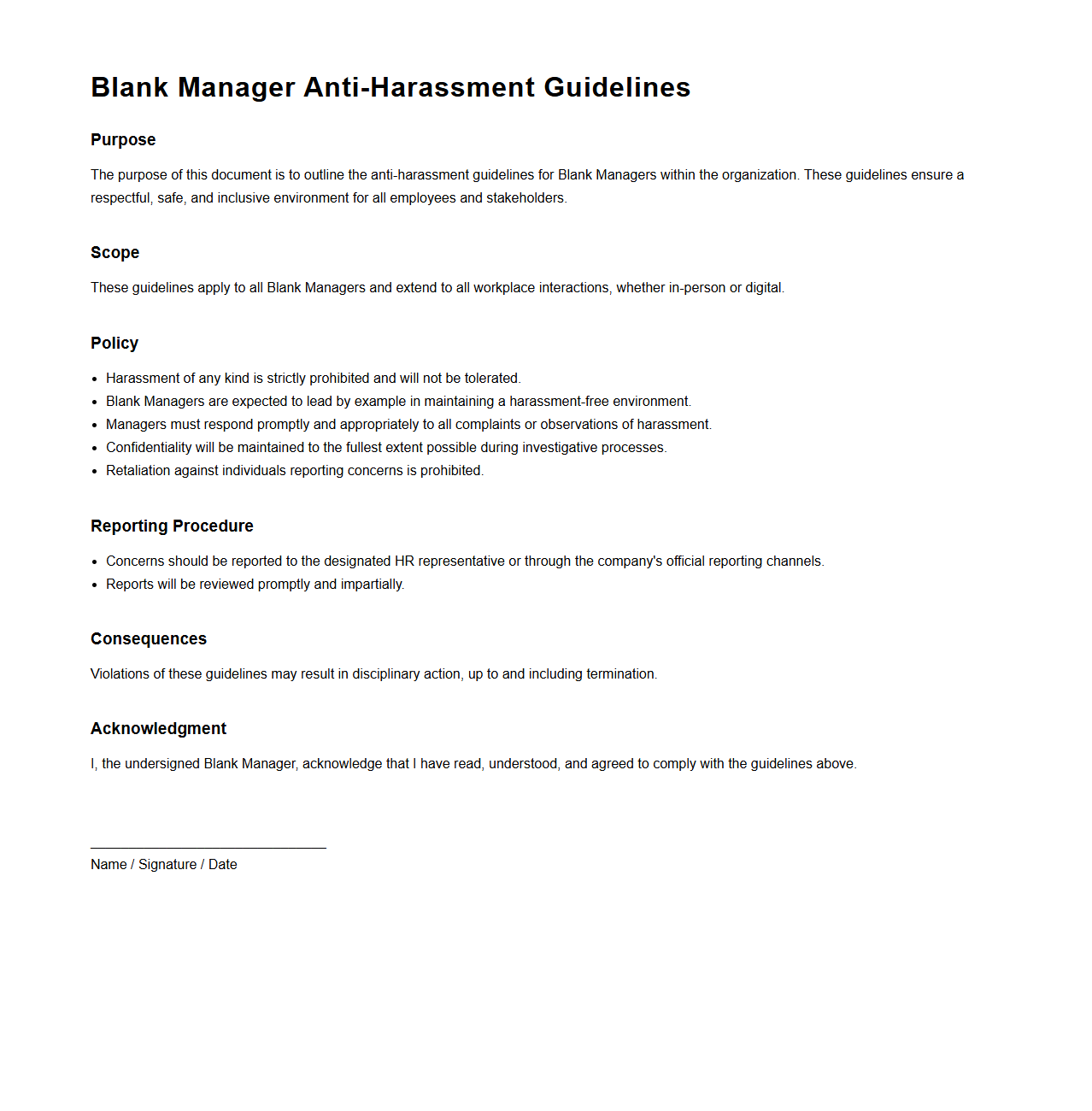 Blank Manager Anti-Harassment Guidelines Document