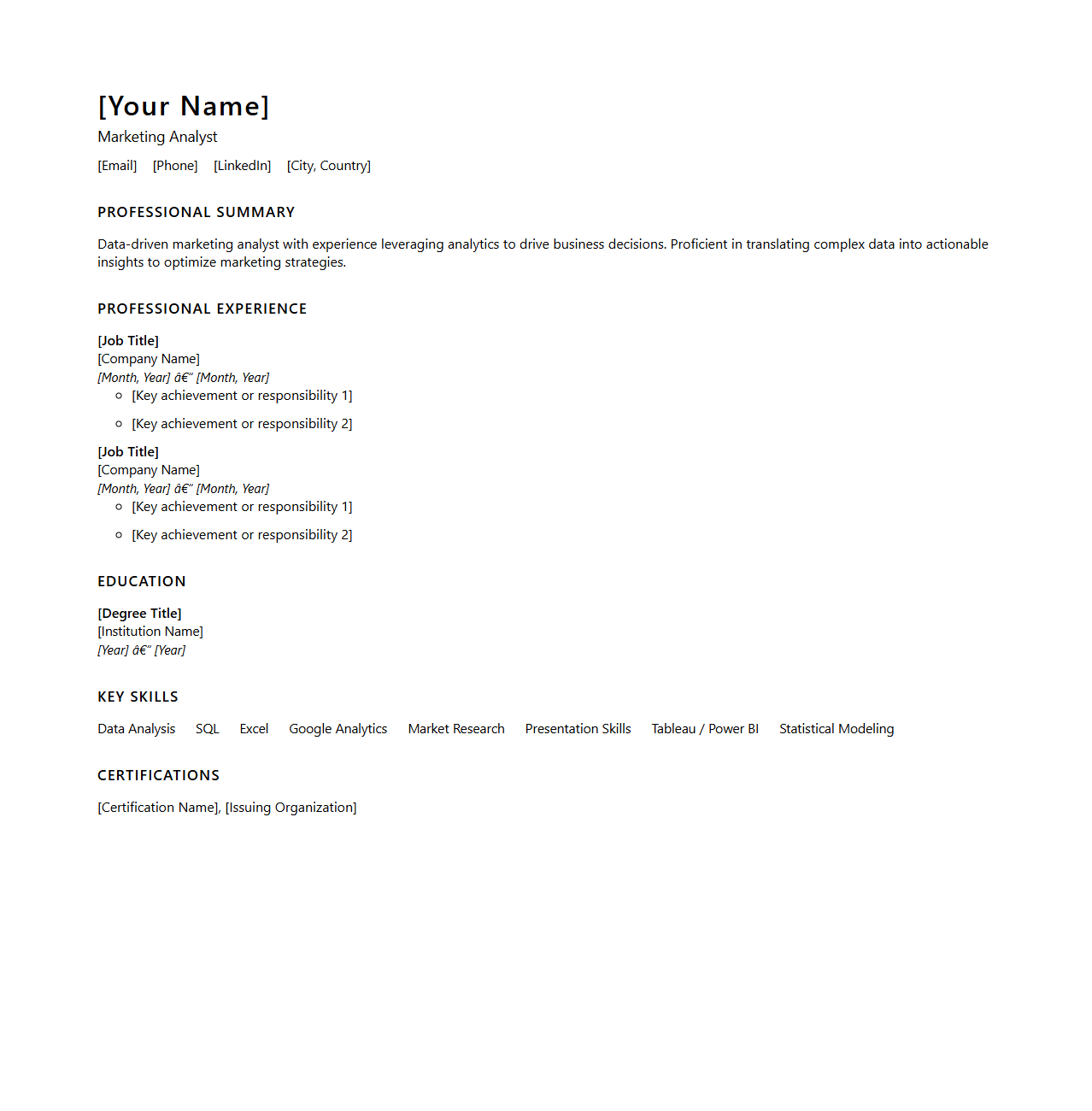 Blank Marketing Analyst Resume Template for Data-Driven Roles