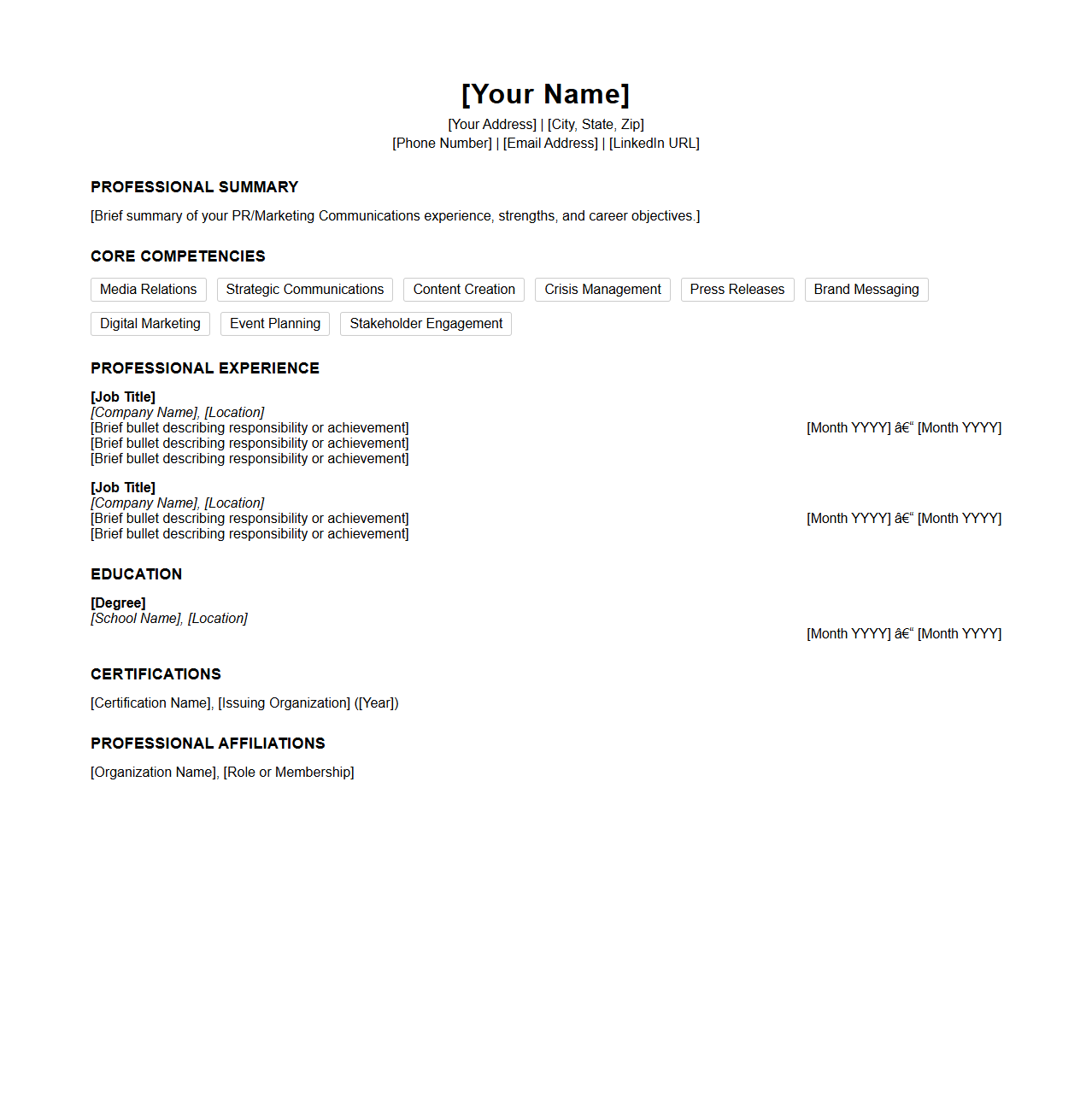 Blank Marketing Communications Resume Template for PR Professionals