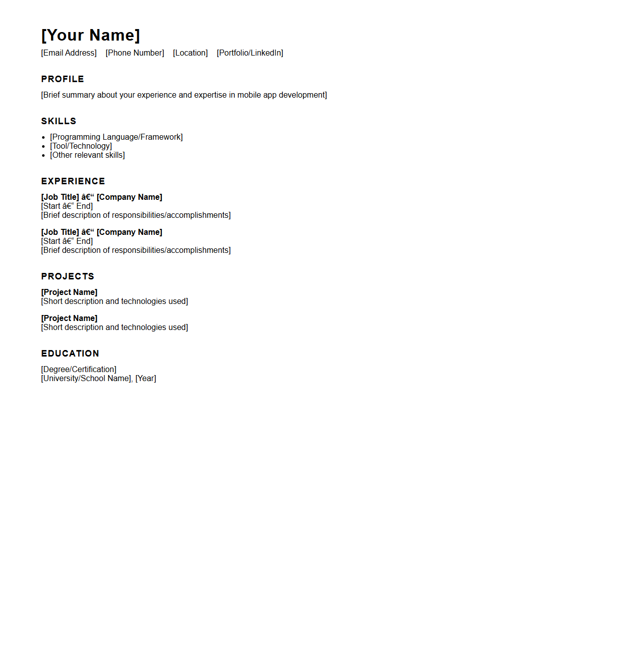 Blank Mobile App Developer Resume Layout