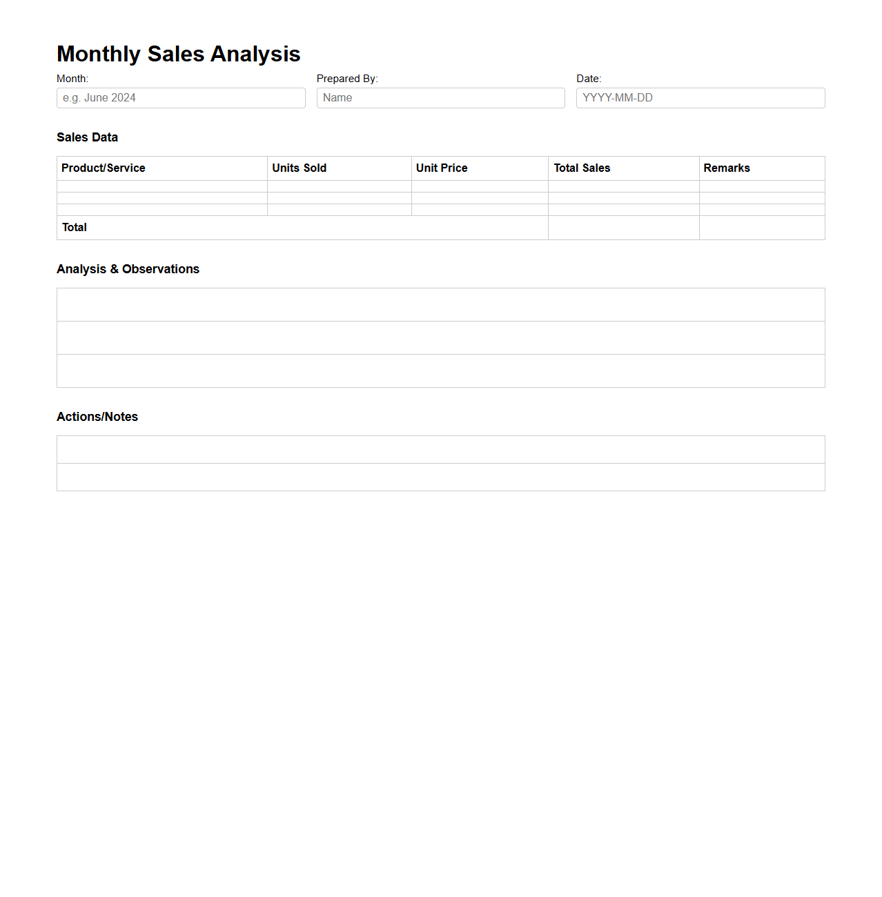 Blank Monthly Sales Analysis Template