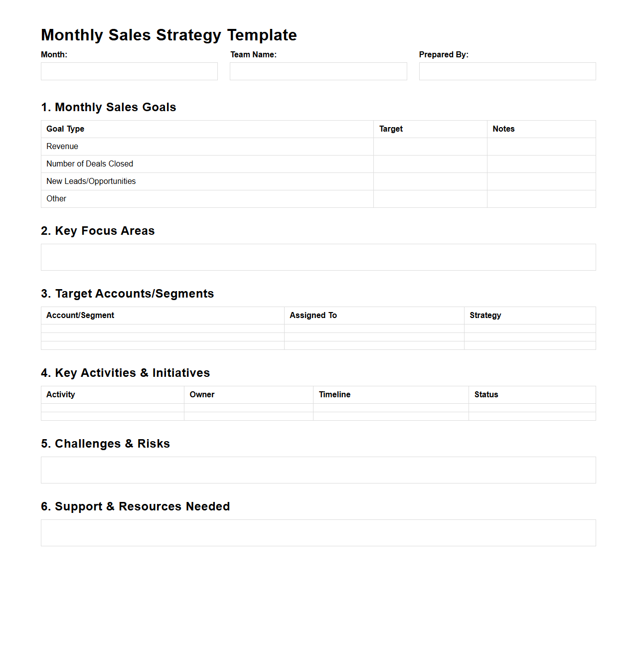 Blank Monthly Sales Strategy Template for Teams