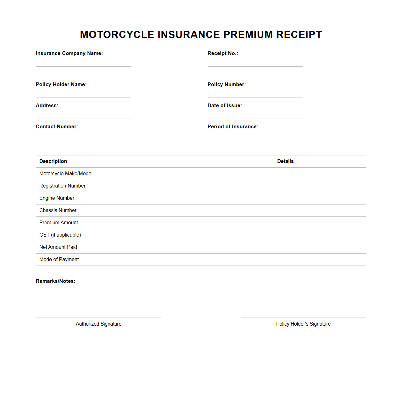 Blank Motorcycle Insurance Premium Receipt Template