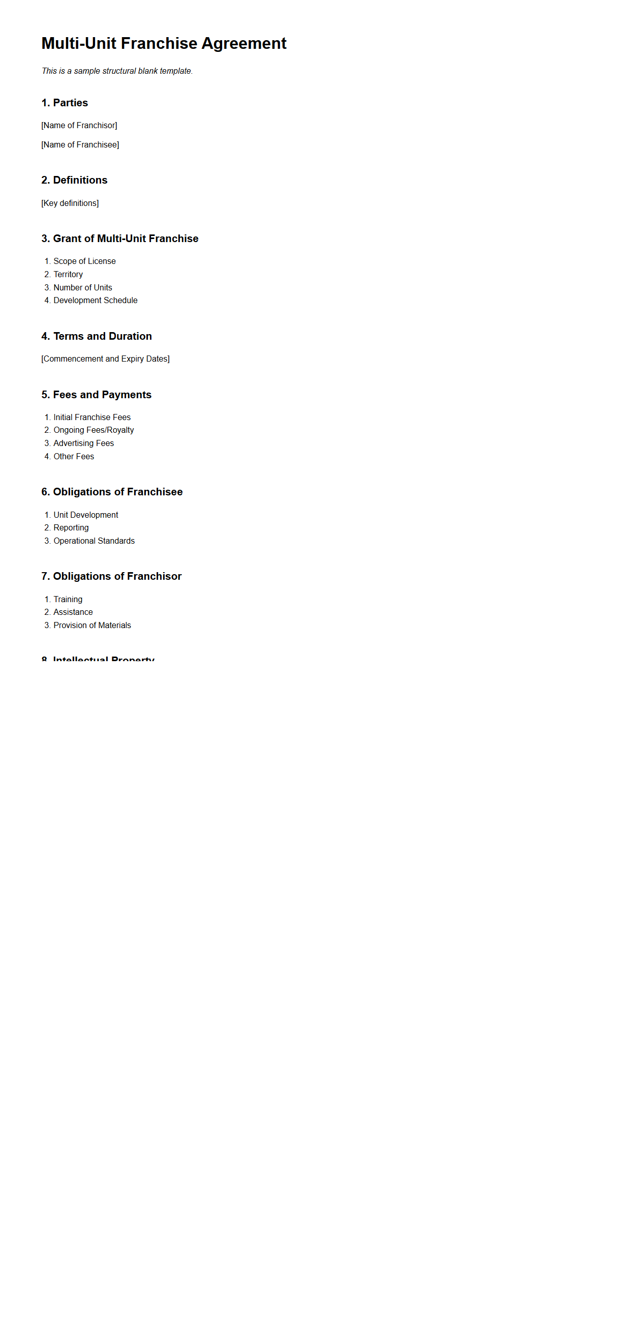 Blank Multi-Unit Franchise Agreement Template Structure