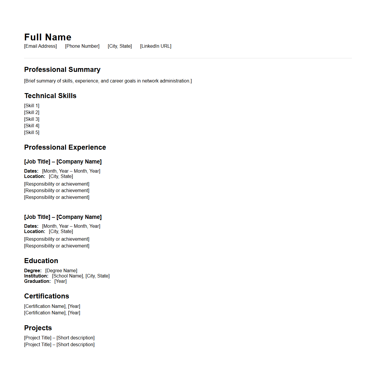 Blank Network Administrator Resume Template