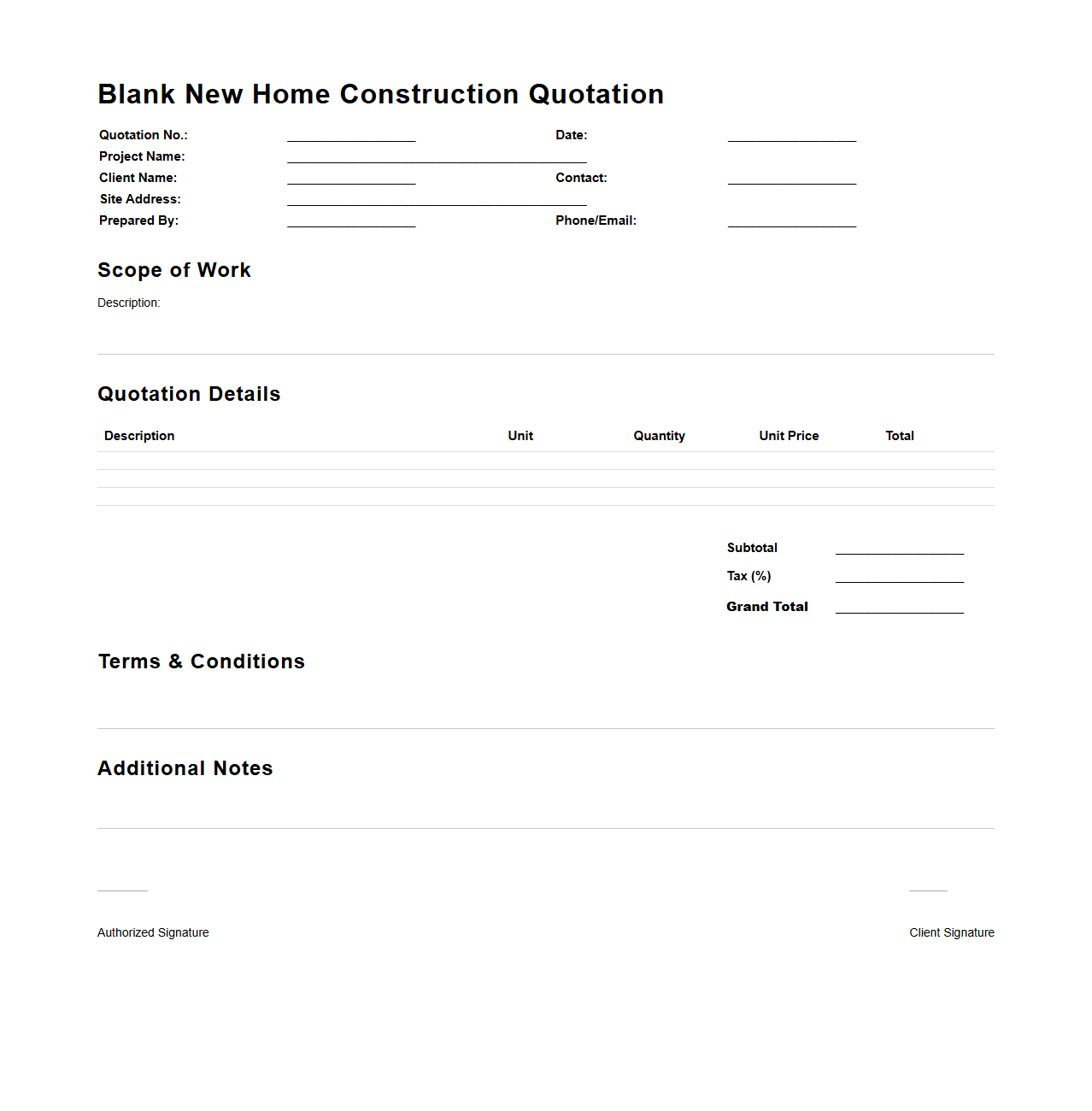 Blank New Home Construction Quotation Template