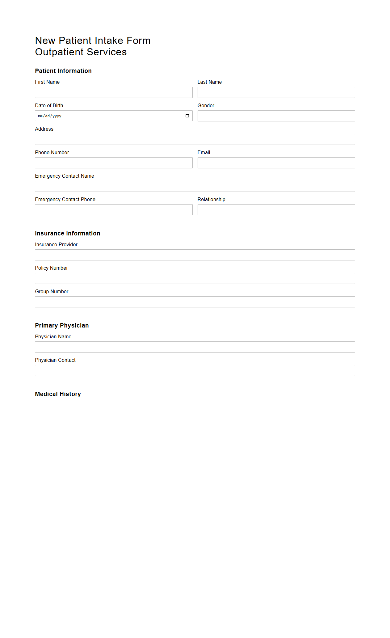Blank New Patient Intake Form Template for Outpatient Services