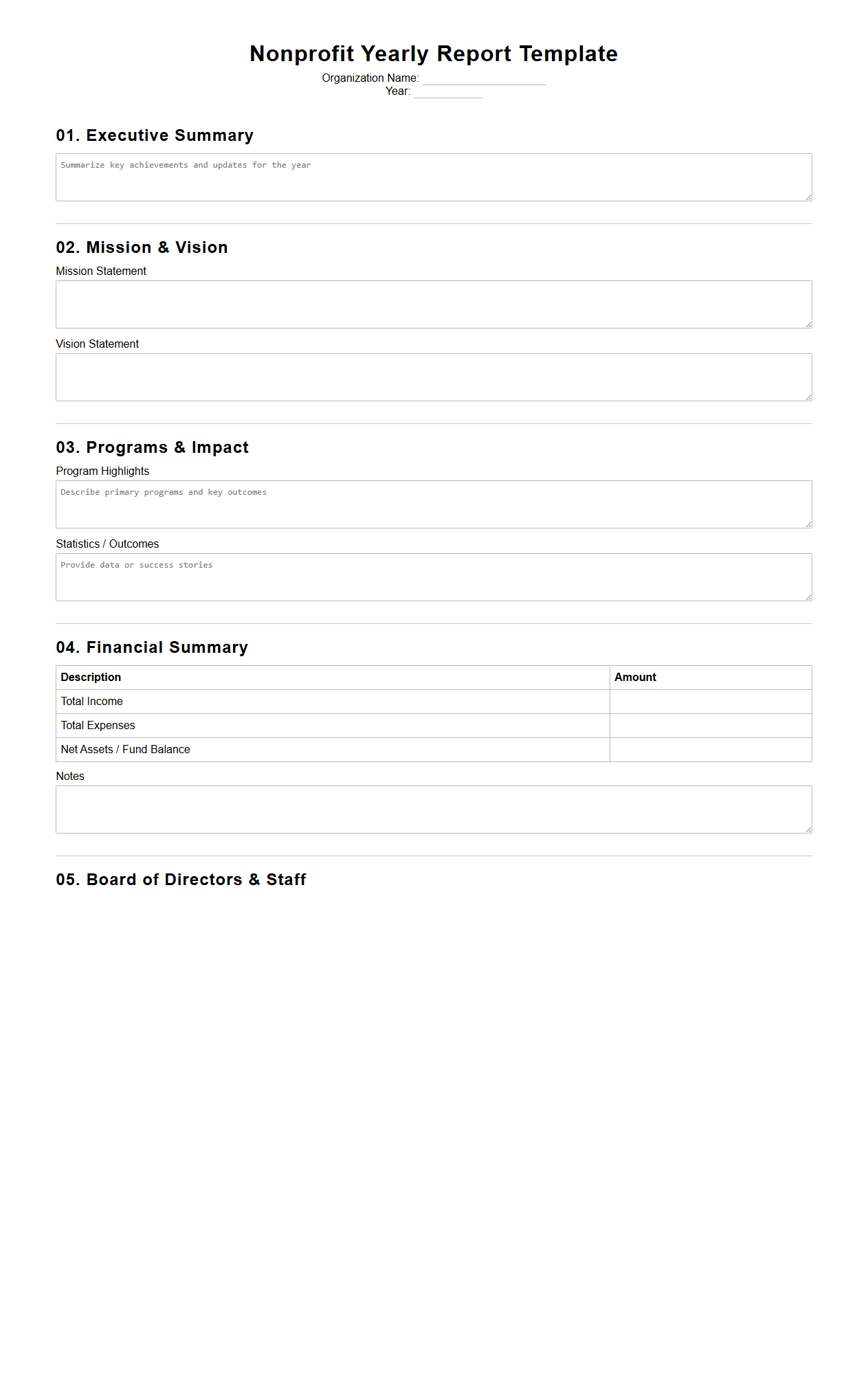 Blank Nonprofit Yearly Report Template