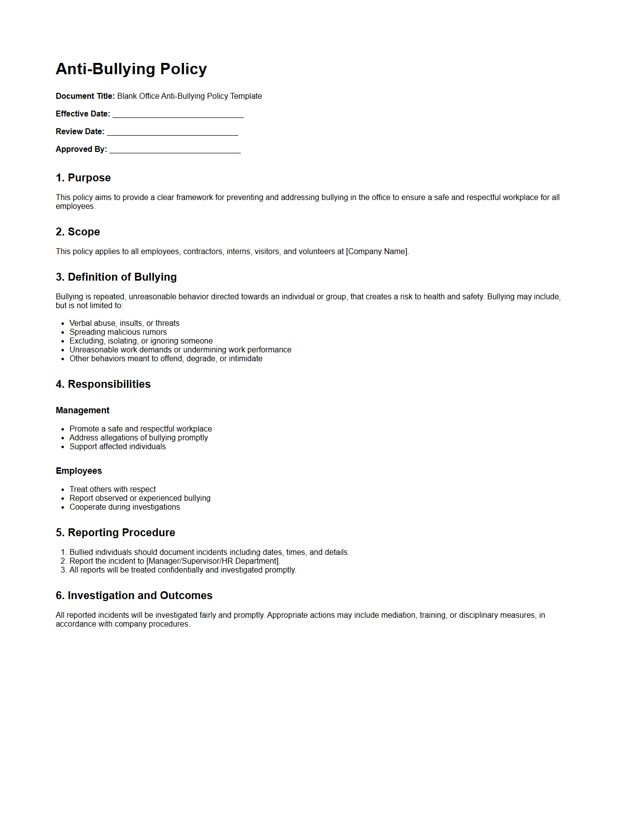 Blank Office Anti-Bullying Policy Template