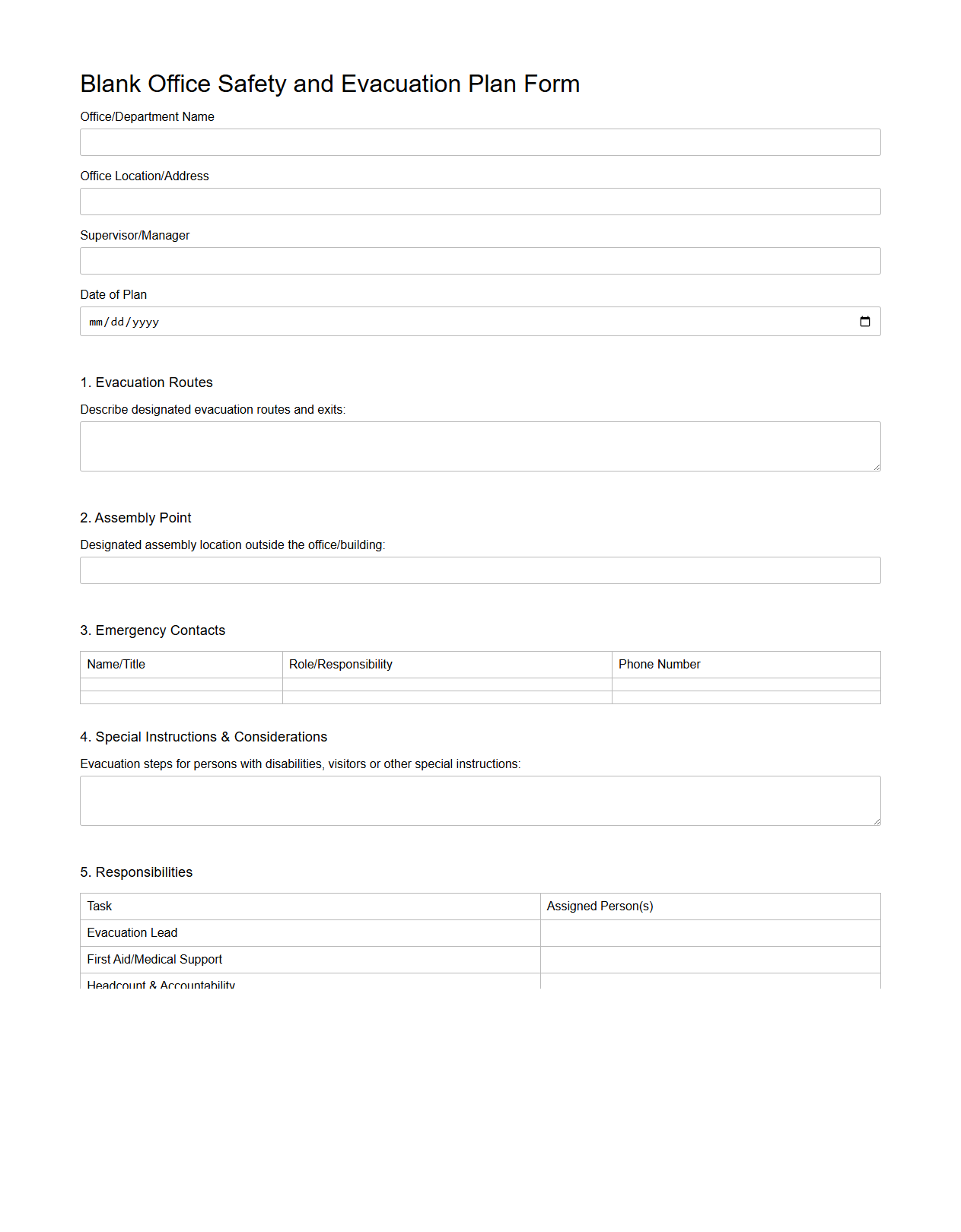 Blank Office Safety and Evacuation Plan Form