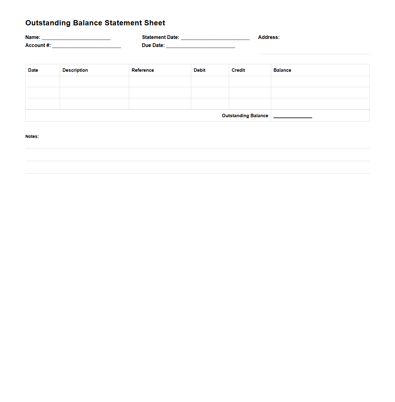 Blank Outstanding Balance Statement Sheet
