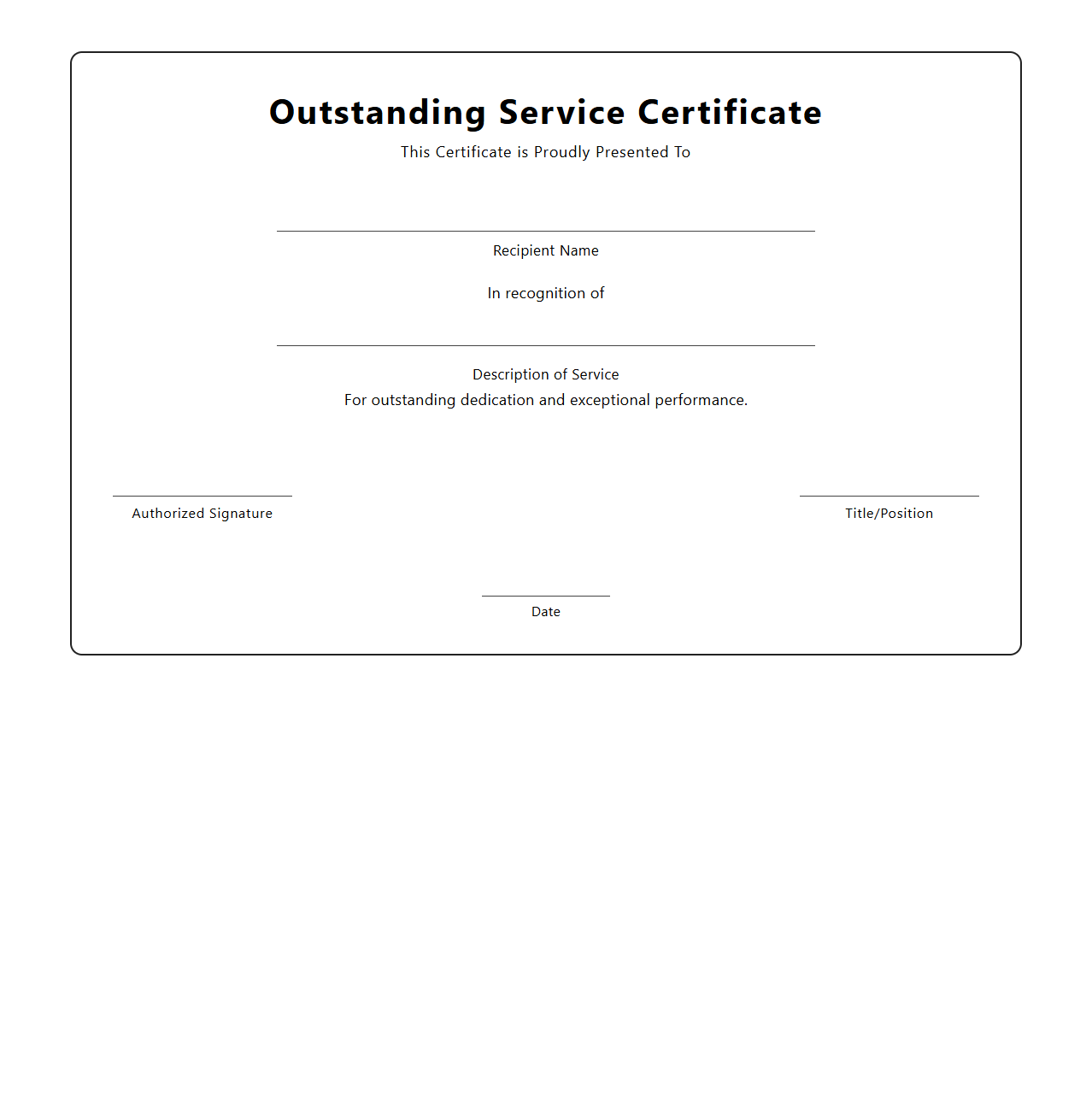 Blank Outstanding Service Certificate Template