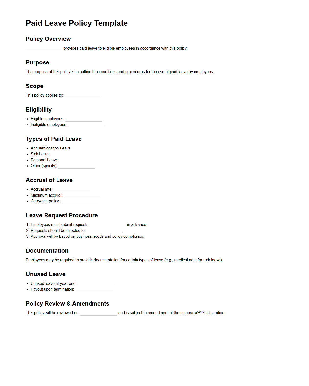 Blank Paid Leave Policy Template