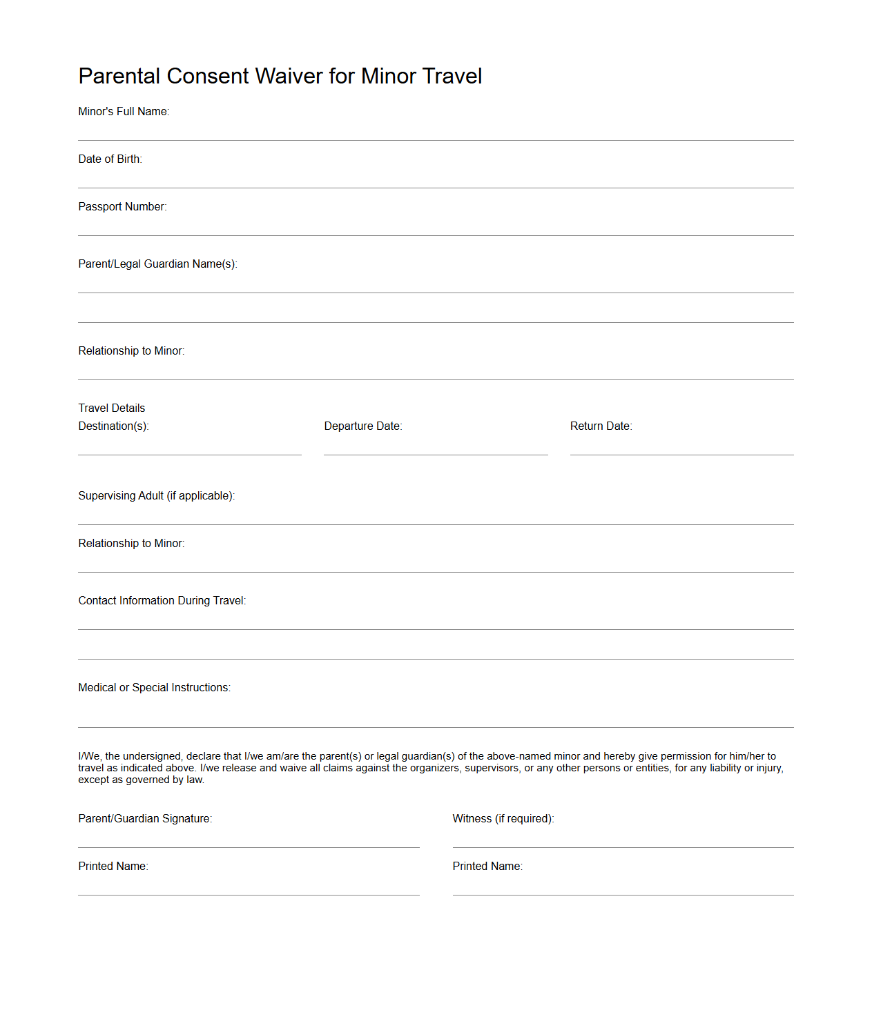 Blank Parental Consent Waiver for Minor Travel