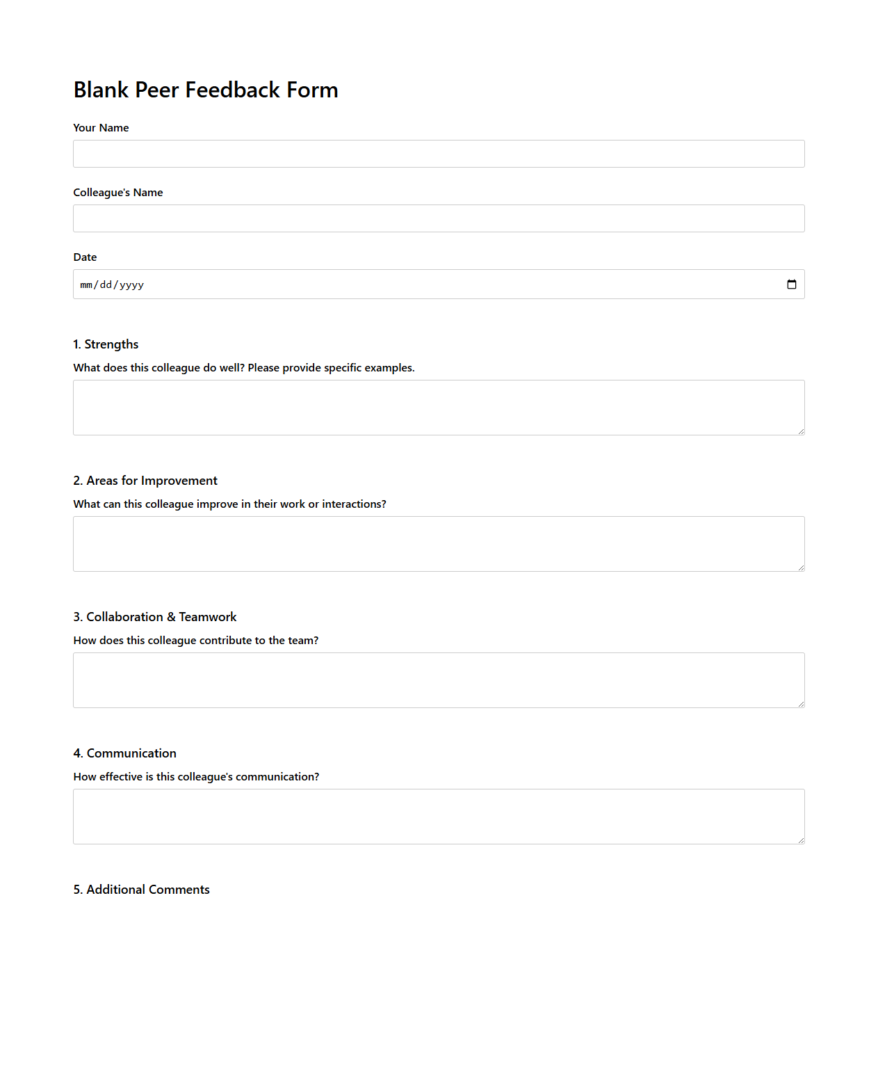 Blank Peer Feedback Form for Workplace Evaluations