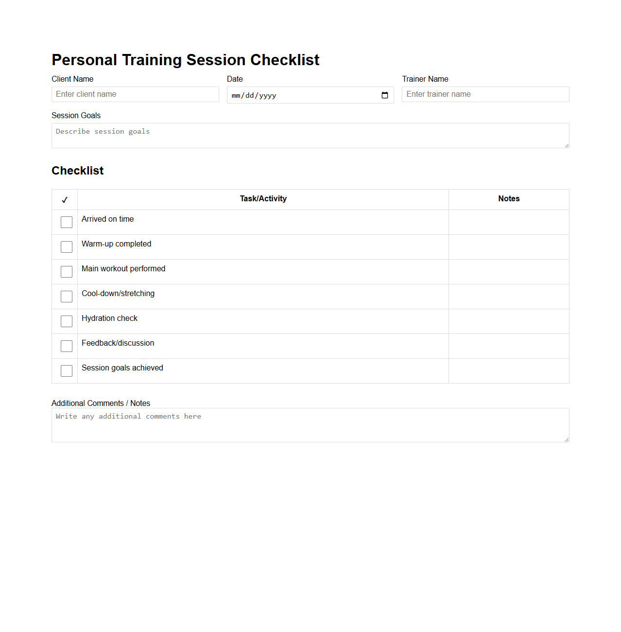 Blank Personal Training Session Checklist Template for Clients